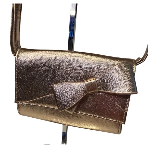 Gold Metallic Crossbody Bag With Bow Detail Adjustable Strap - Picture 1 of 11